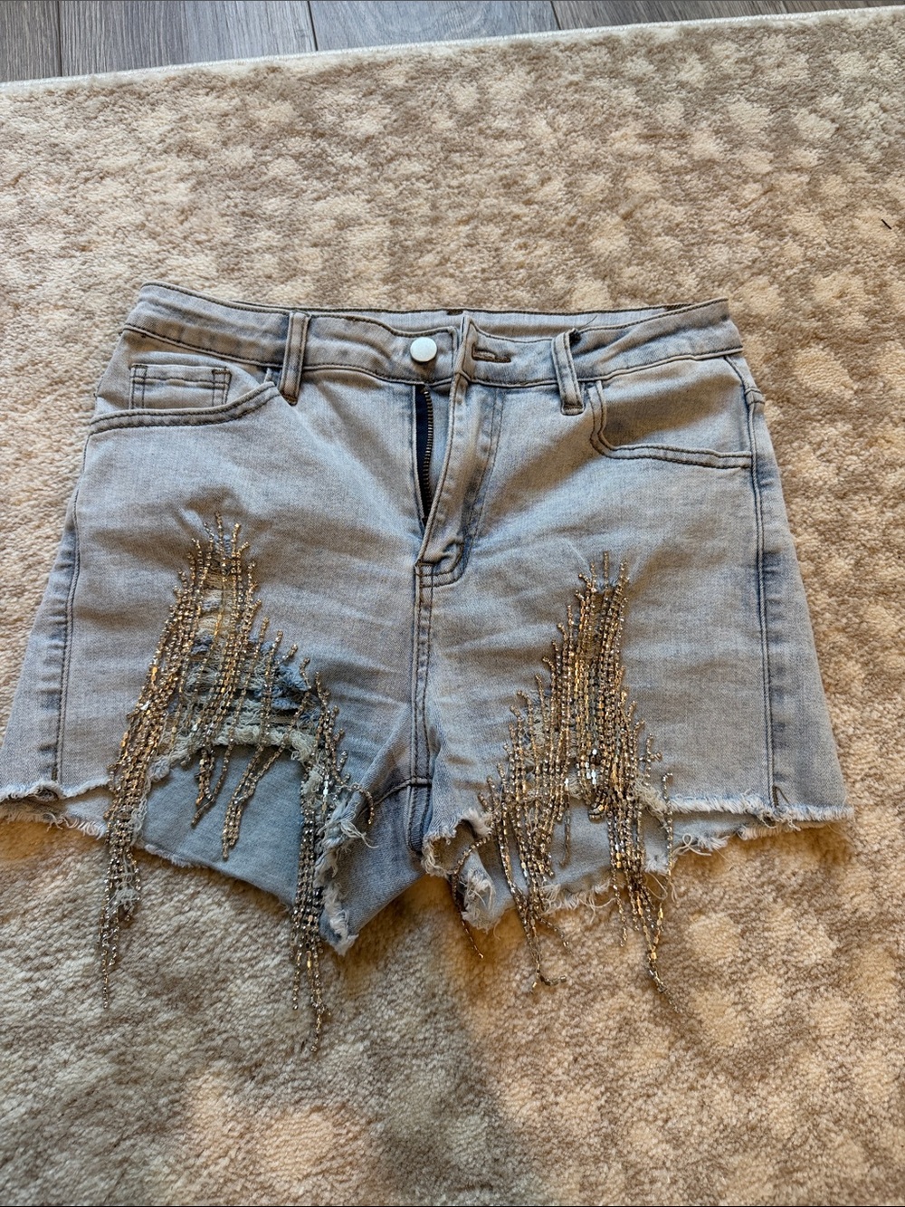 SHEIN Light Gray Distressed Denim Shorts with Gold Beaded Fringe